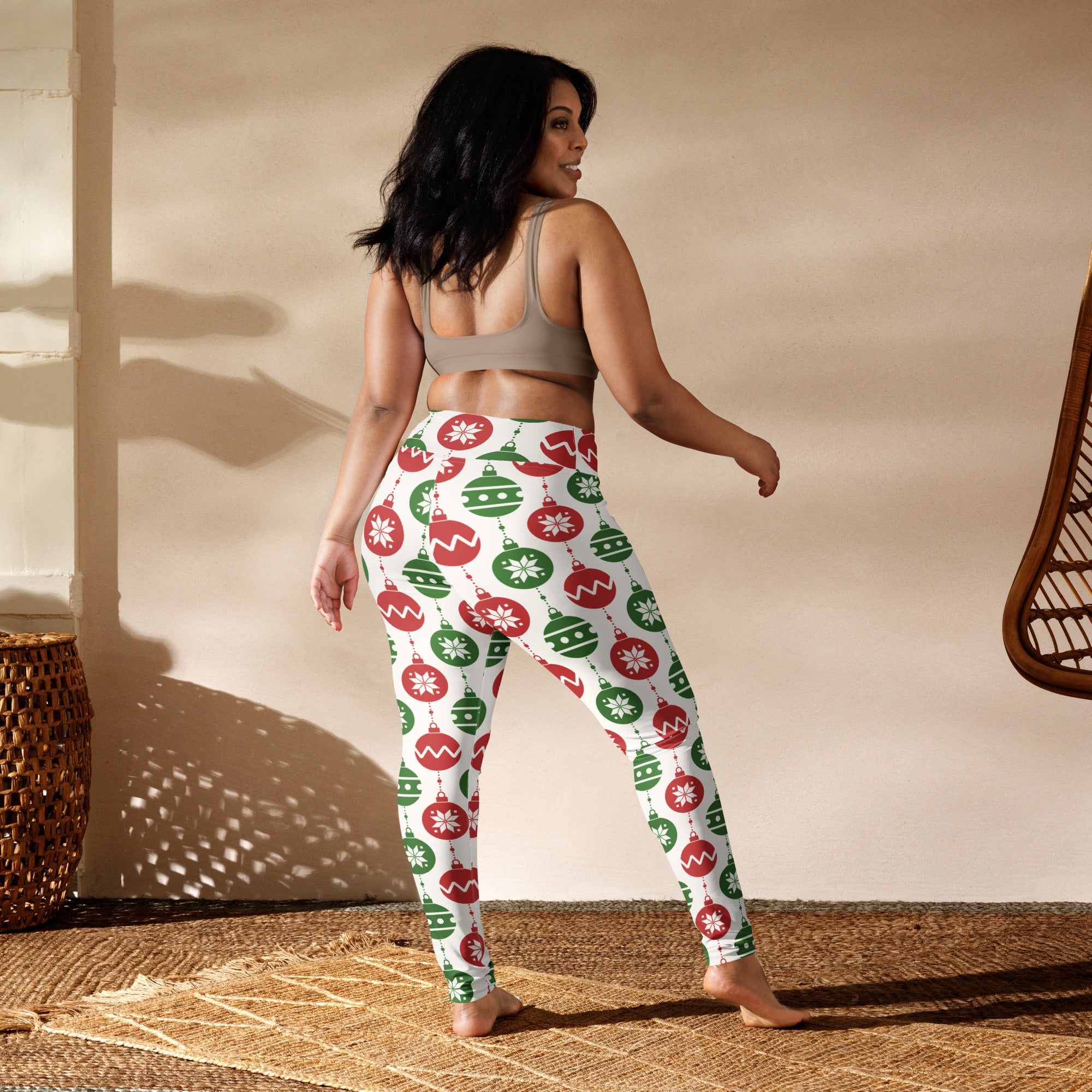 White buttery soft yoga leggings with festive red and green christmas ornaments and snowflakes pattern for women