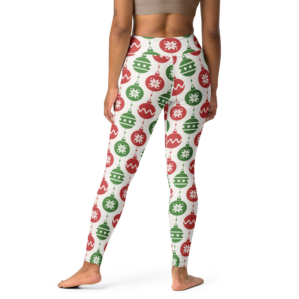 Women’s buttery soft white yoga leggings with festive red and green christmas ornament and snowflake pattern