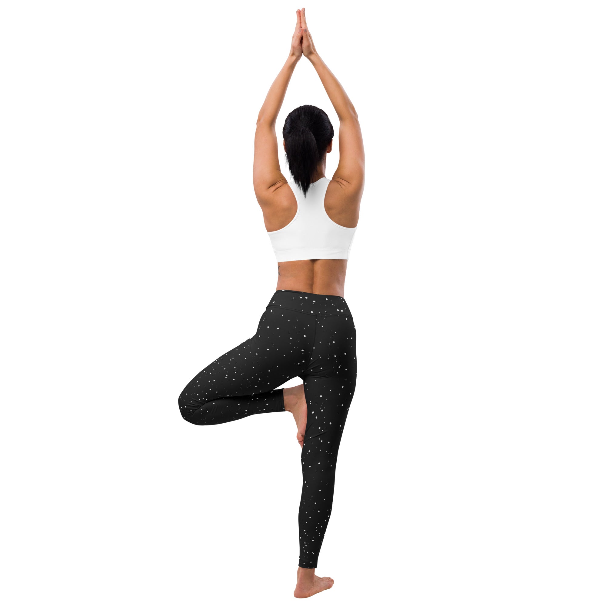 Women’s black snowflake buttery soft yoga leggings with subtle white speckled pattern for fitness wear