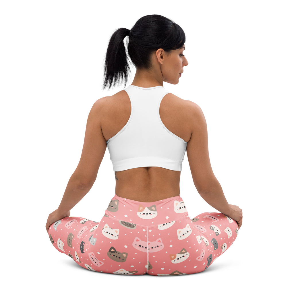 Women’s cute pink cat faces buttery soft yoga leggings with playful multicolor cartoon cat pattern