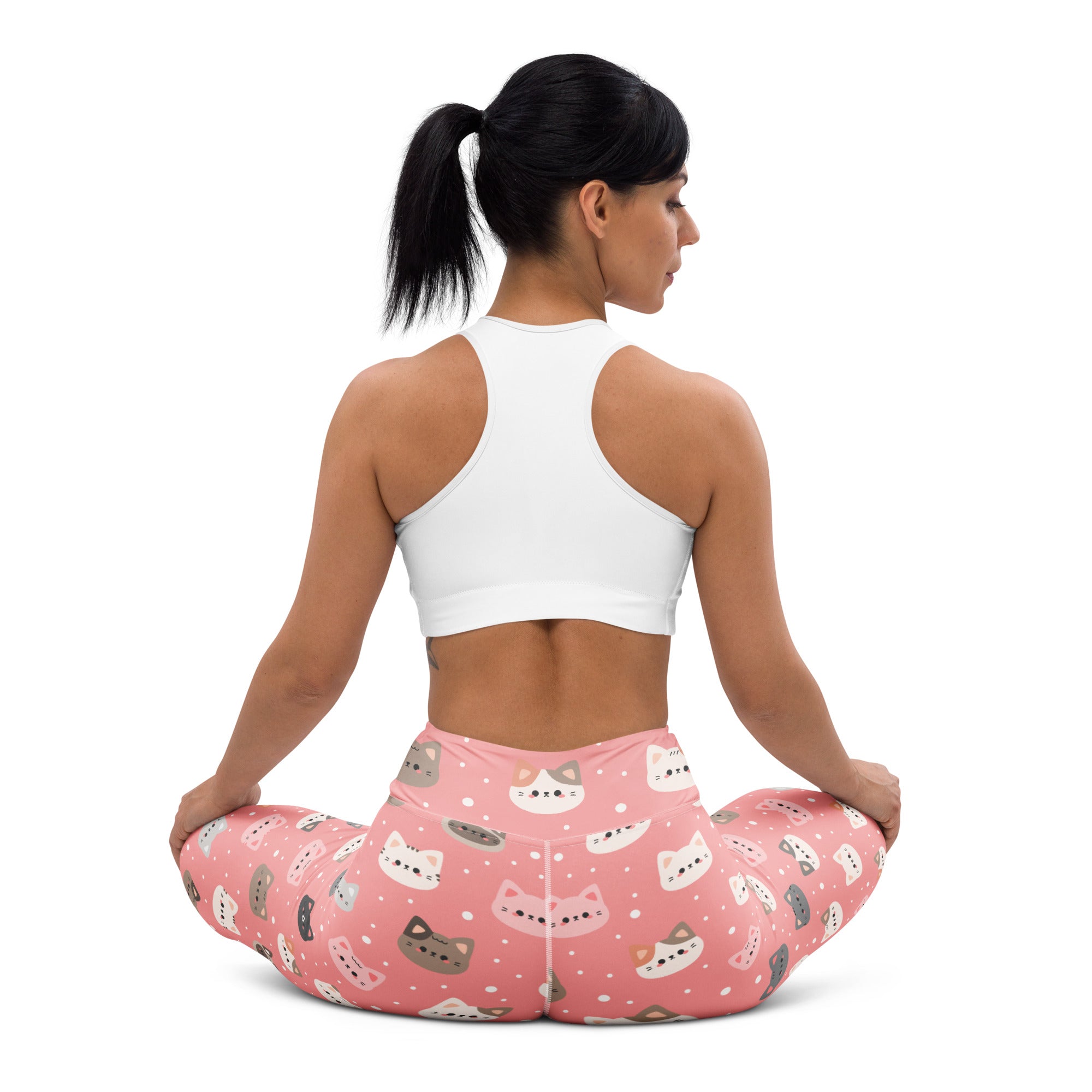 Women’s cute pink cat faces buttery soft yoga leggings with playful multicolor cartoon cat pattern