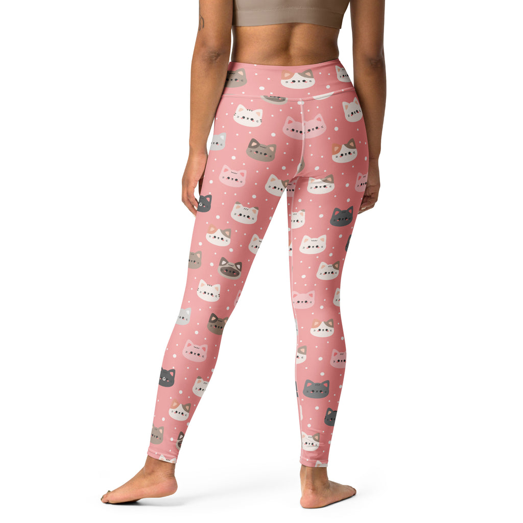 Women’s cute pink cat faces buttery soft yoga leggings with colorful cartoon cat pattern on a soft pink background