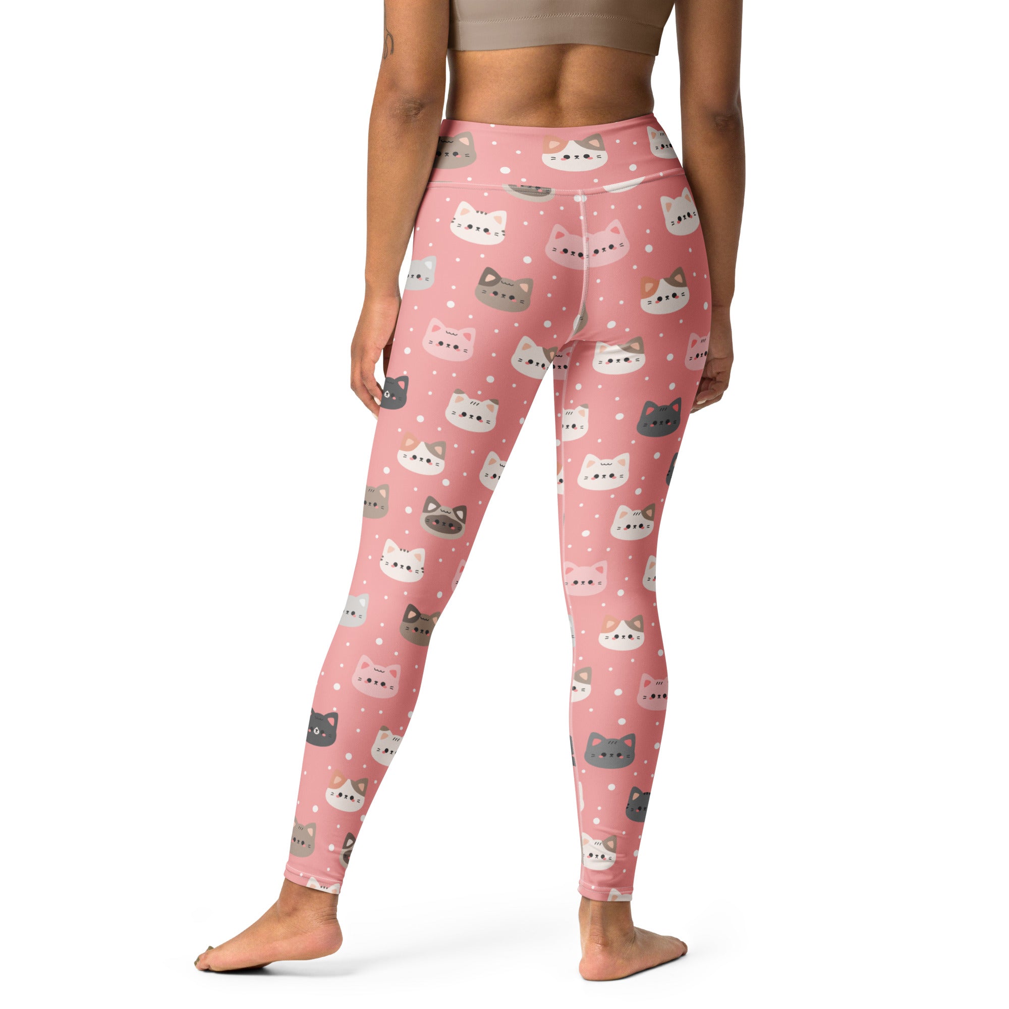 Women’s cute pink cat faces buttery soft yoga leggings with colorful cartoon cat pattern on a soft pink background