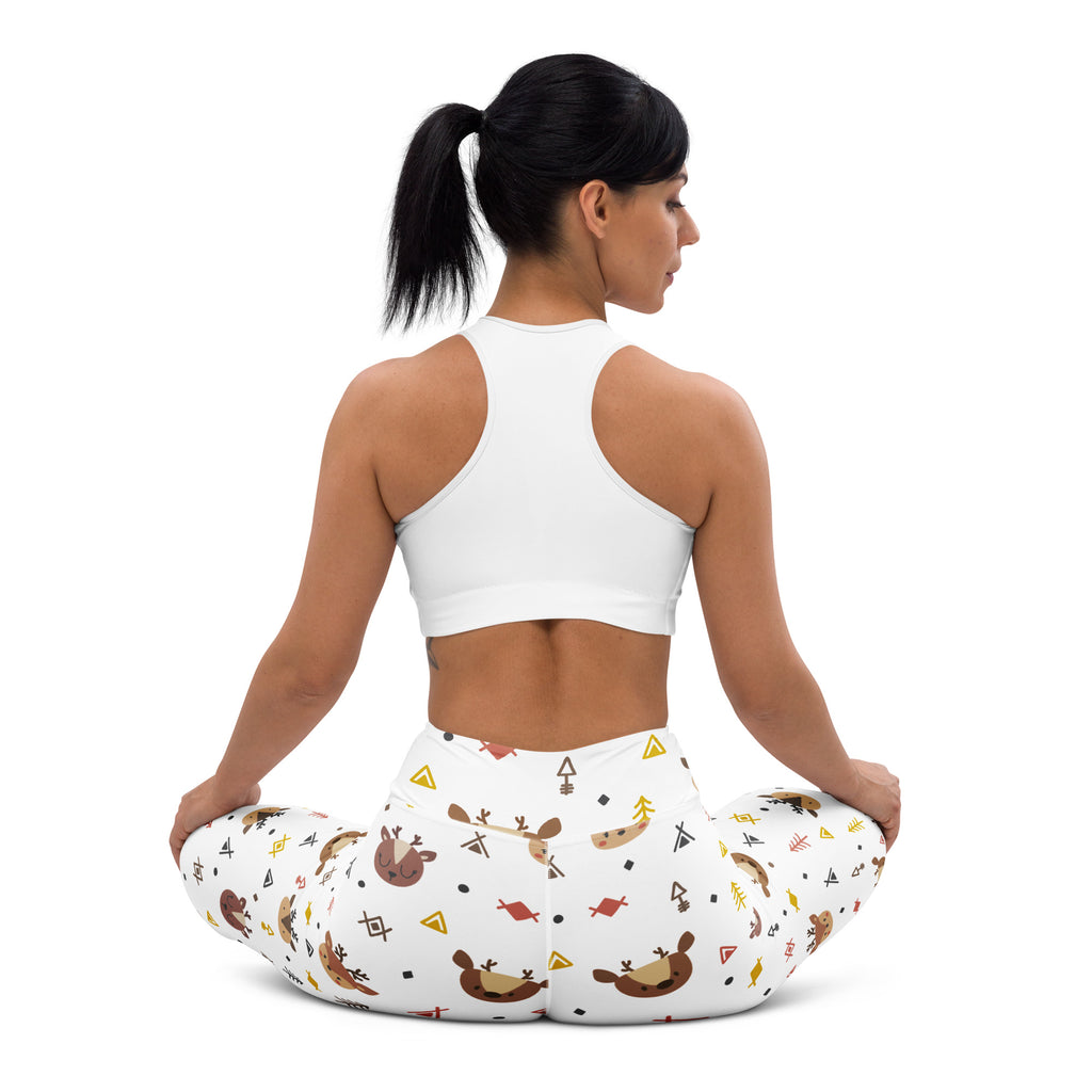 Women’s reindeer print buttery soft white yoga leggings with brown moose yellow triangles and geometric shapes pattern