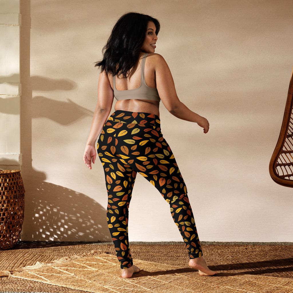 Women’s gold leaves buttery soft yoga leggings black with vibrant yellow orange and brown autumn leaf pattern