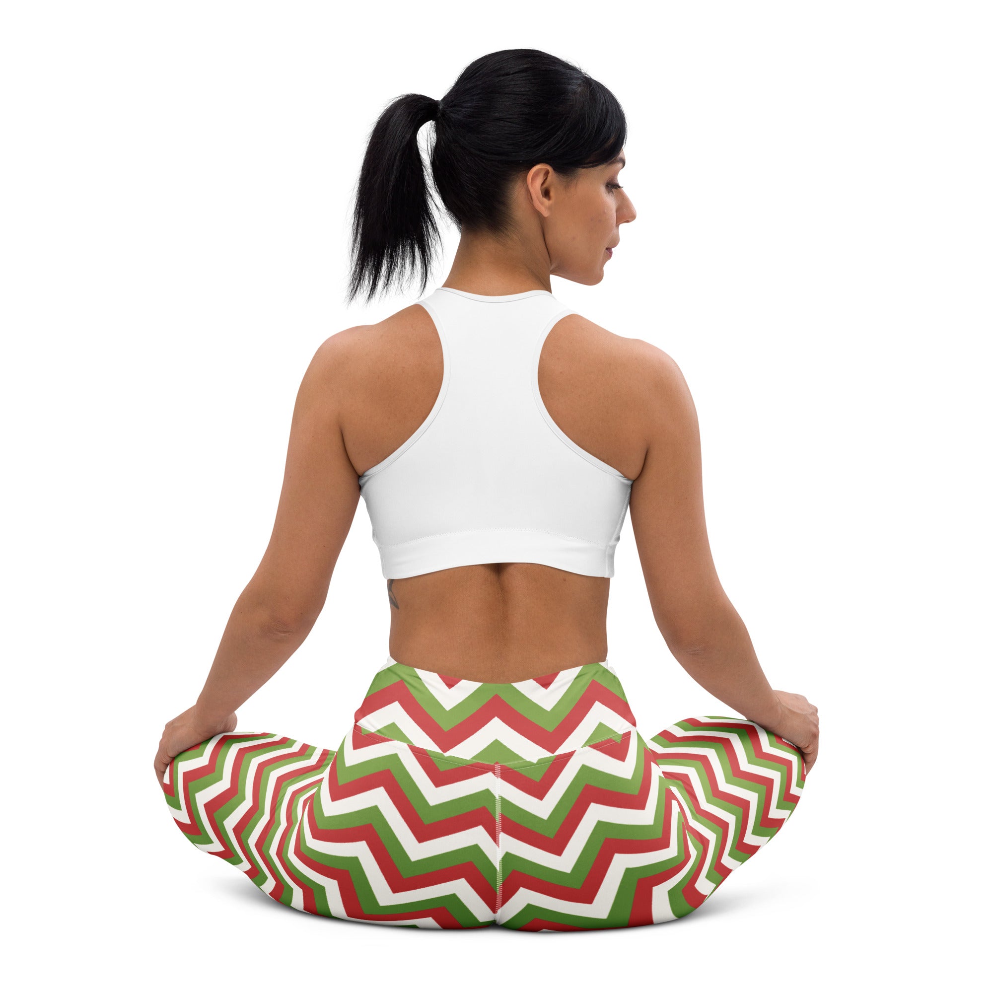 Women’s buttery soft yoga leggings in red green and white chevron pattern perfect for christmas workouts