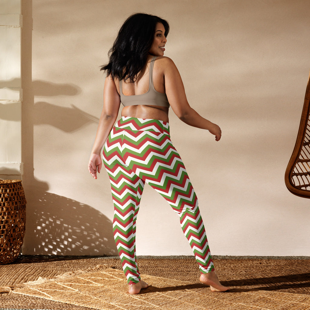 Women’s chevron christmas buttery soft high-waisted yoga leggings in red green and white zigzag pattern