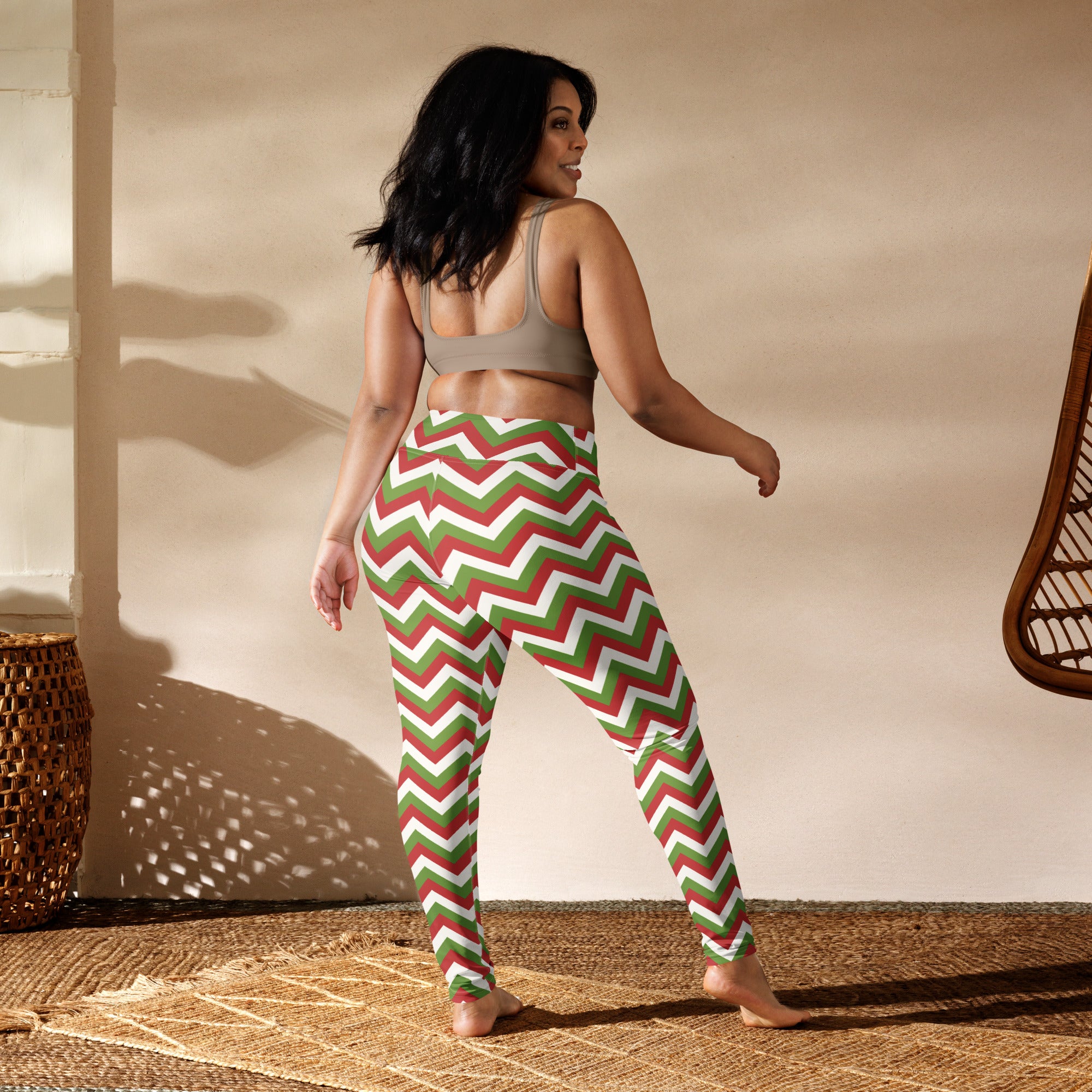 Women’s chevron christmas buttery soft high-waisted yoga leggings in red green and white zigzag pattern