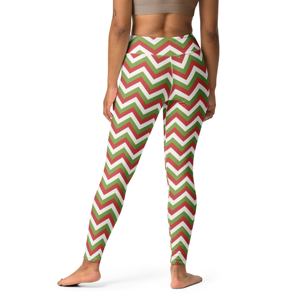 Women’s high waisted yoga leggings with red green and white chevron pattern buttery soft festive design