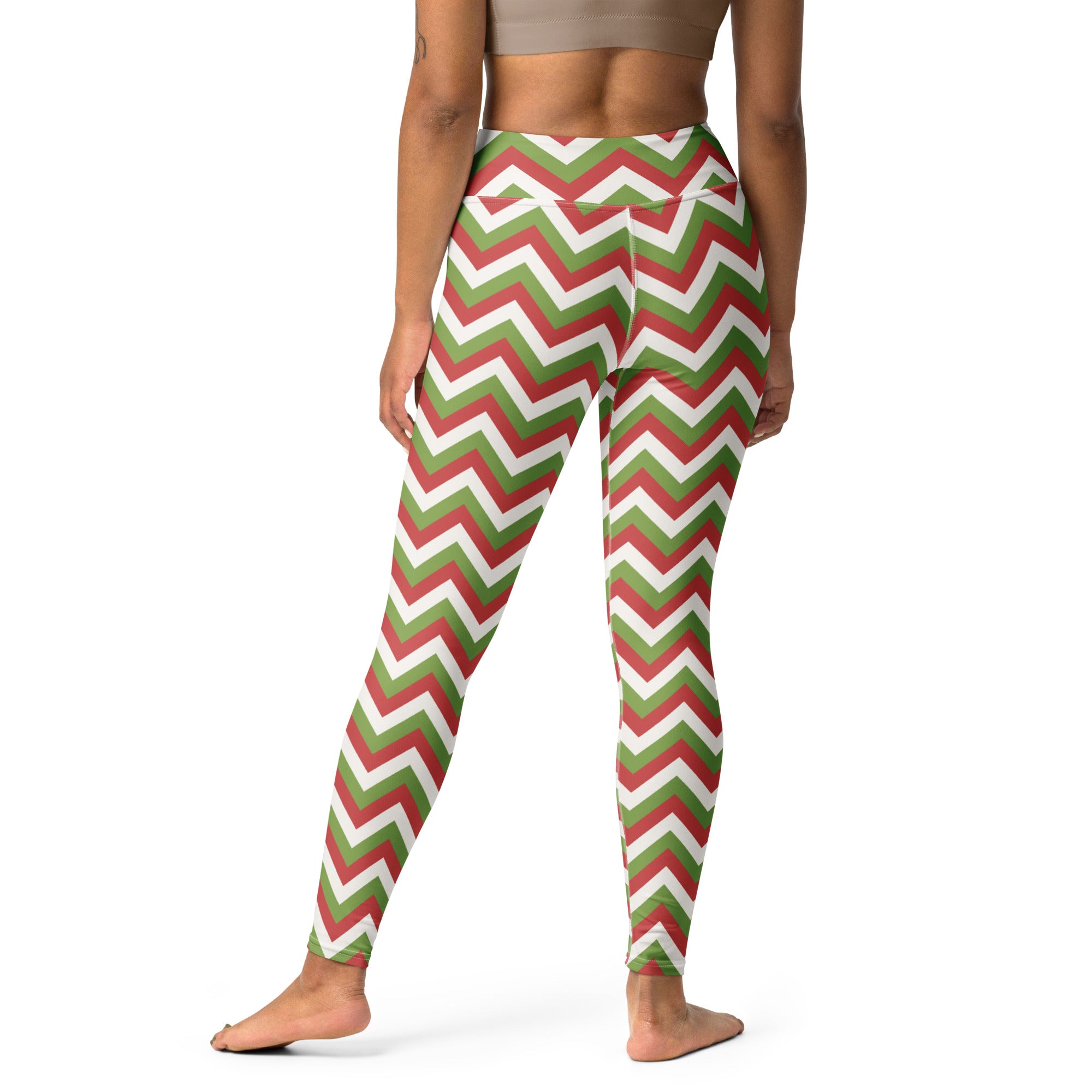 Women’s high waisted yoga leggings with red green and white chevron pattern buttery soft festive design
