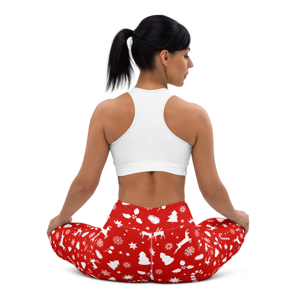 Women’s red christmas buttery soft yoga leggings with white snowflakes reindeer and trees print