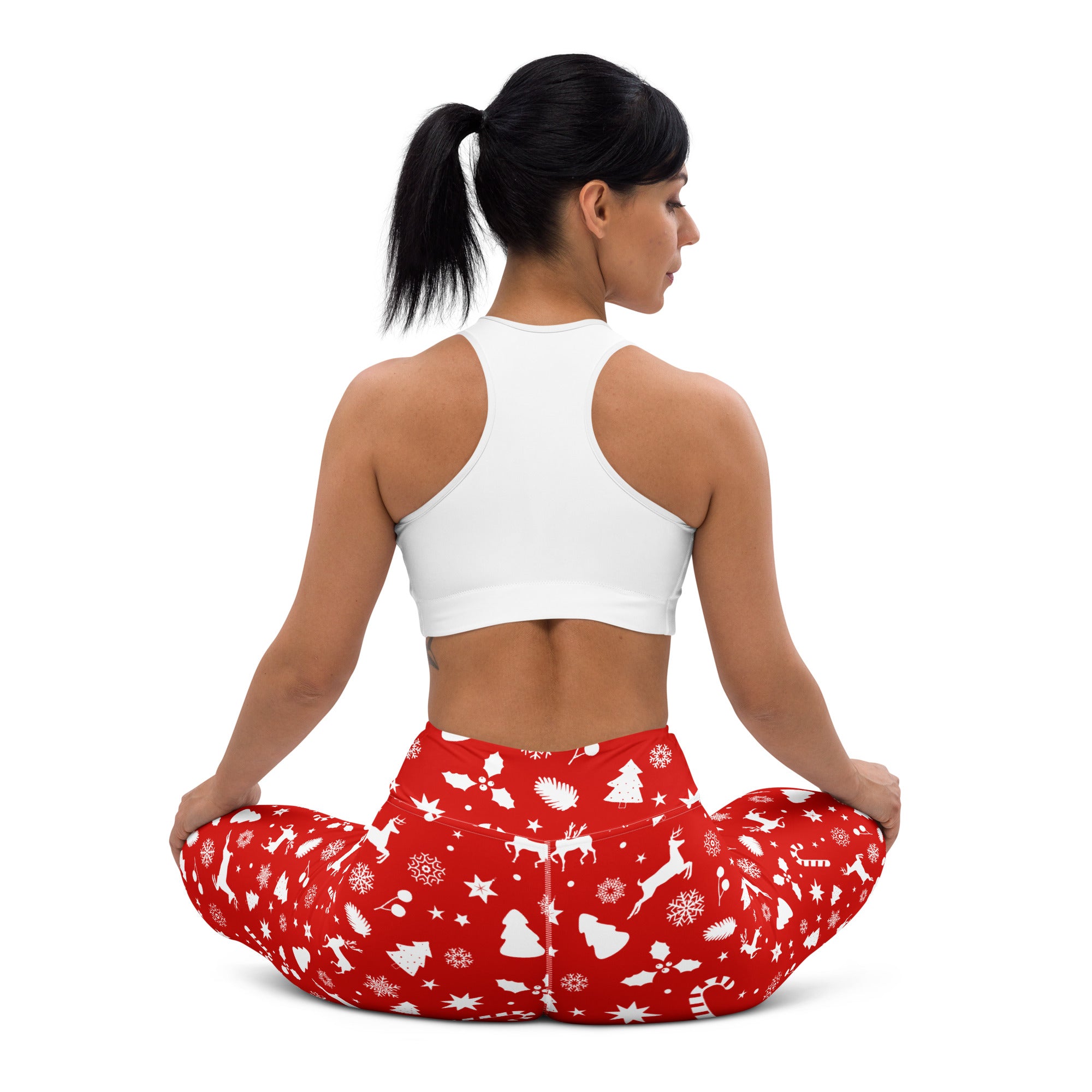 Women’s red christmas buttery soft yoga leggings with white snowflakes reindeer and trees print