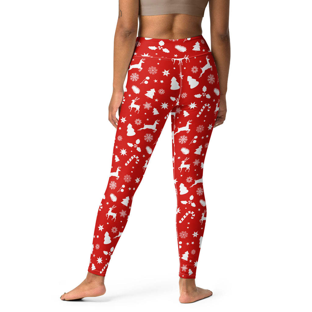 Women red Christmas buttery soft high-waisted yoga leggings with white reindeer snowflakes and candy cane patterns