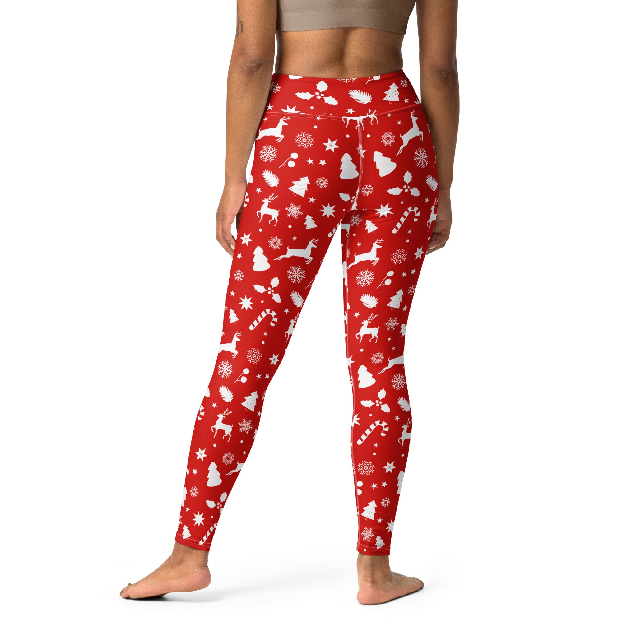 Women red Christmas buttery soft high-waisted yoga leggings with white reindeer snowflakes and candy cane patterns