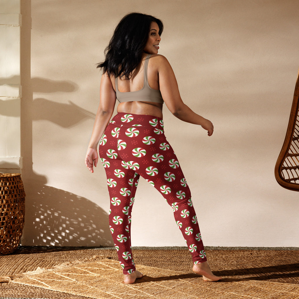 Women’s peppermint candy christmas buttery soft red yoga leggings with green and white peppermint swirl pattern