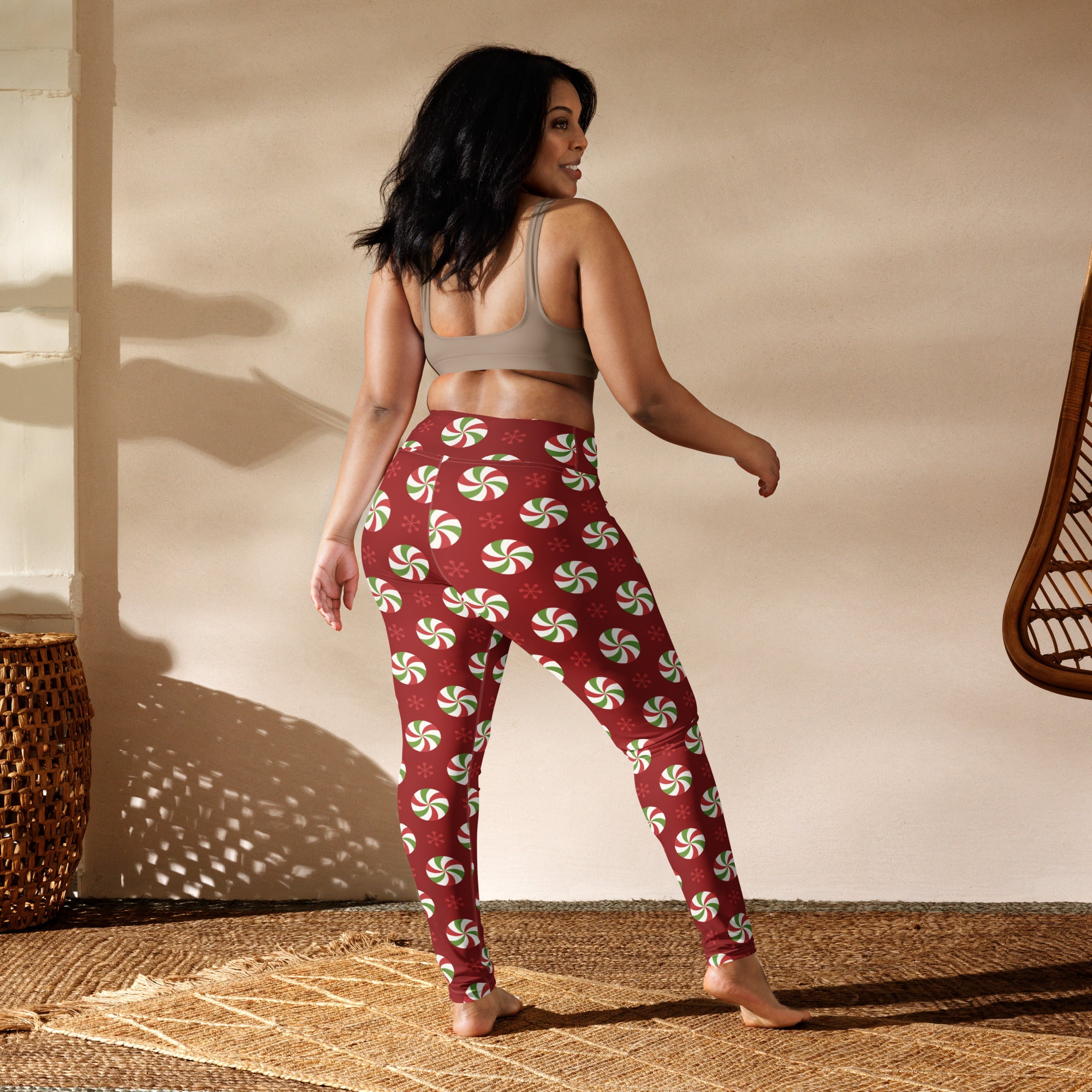 Women’s peppermint candy christmas buttery soft red yoga leggings with green and white peppermint swirl pattern