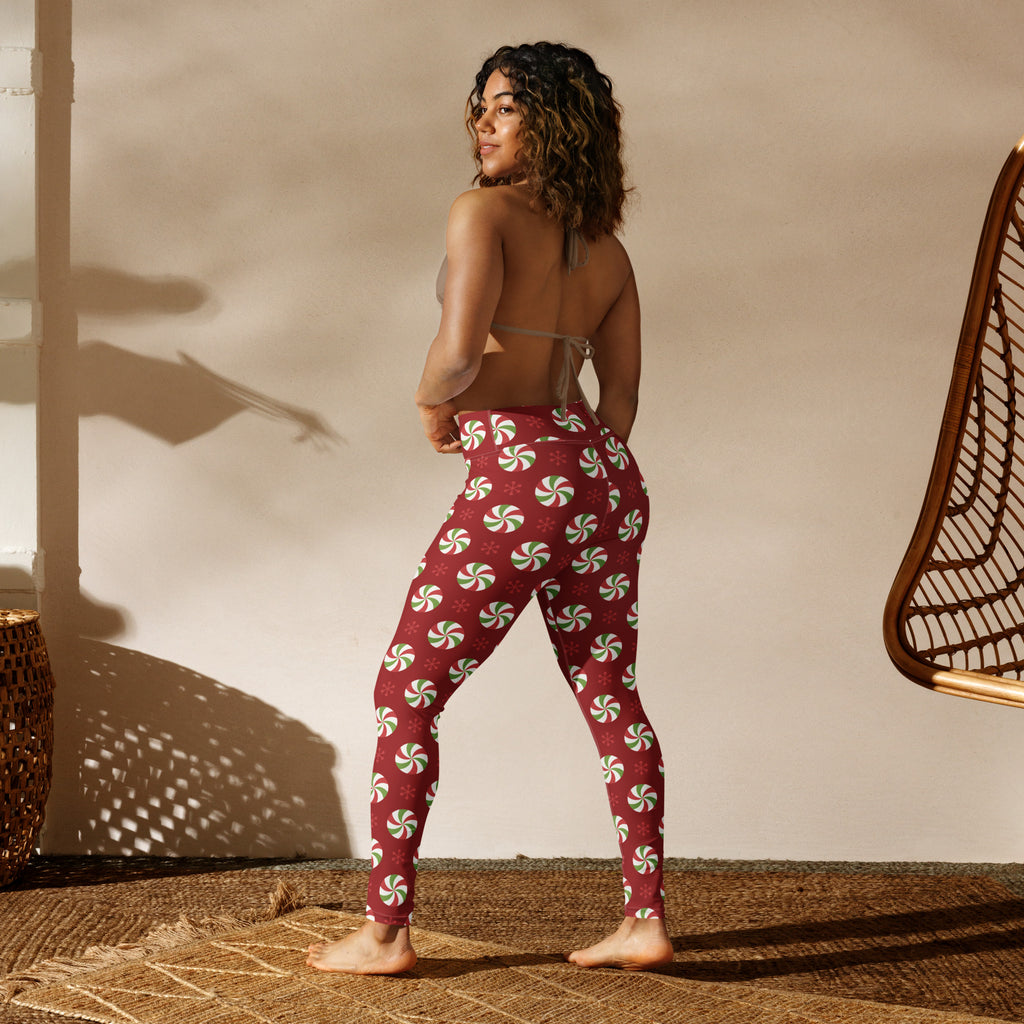 Women’s peppermint candy christmas buttery soft red yoga leggings with green and white peppermint swirl pattern