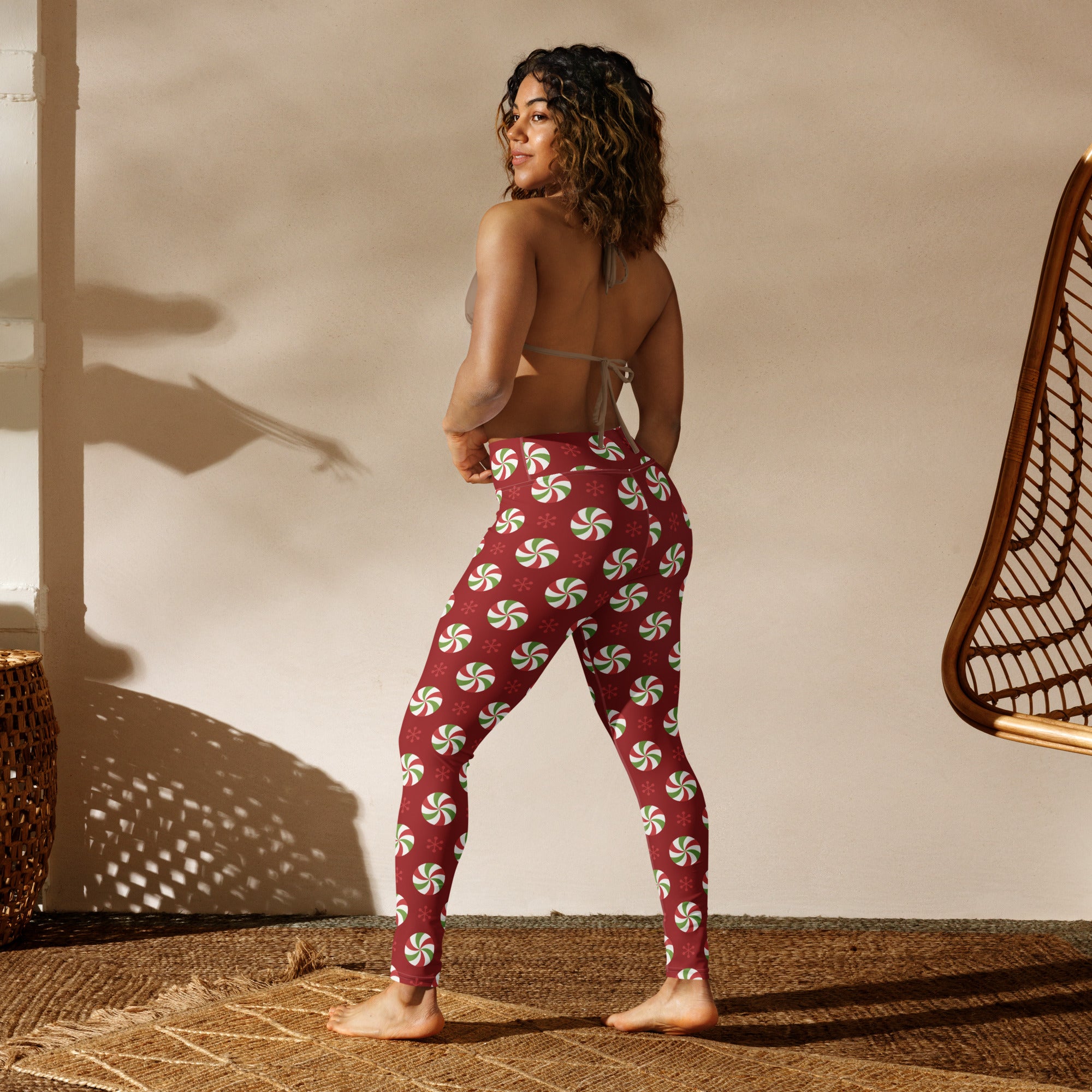 Women’s peppermint candy christmas buttery soft red yoga leggings with green and white peppermint swirl pattern