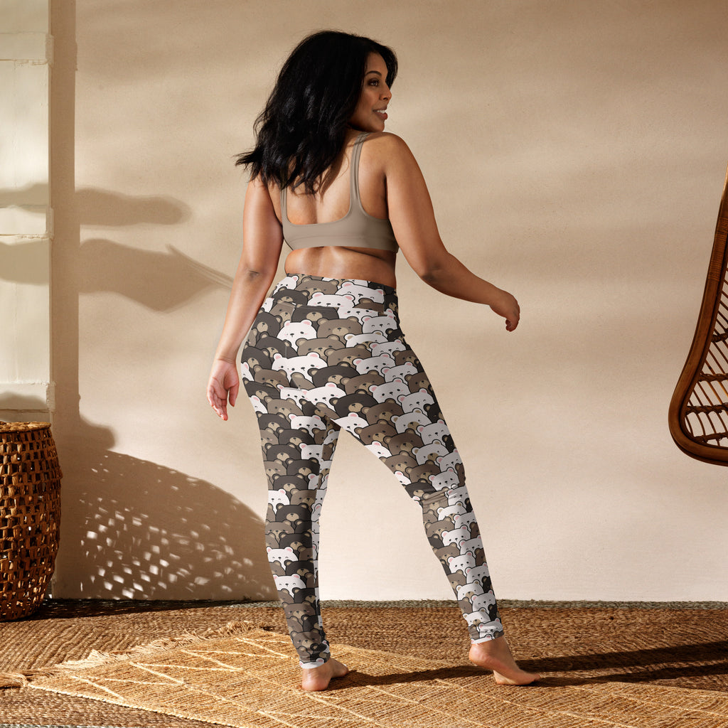 High-waisted buttery soft women’s yoga leggings with white and gray bear pattern on camouflage background