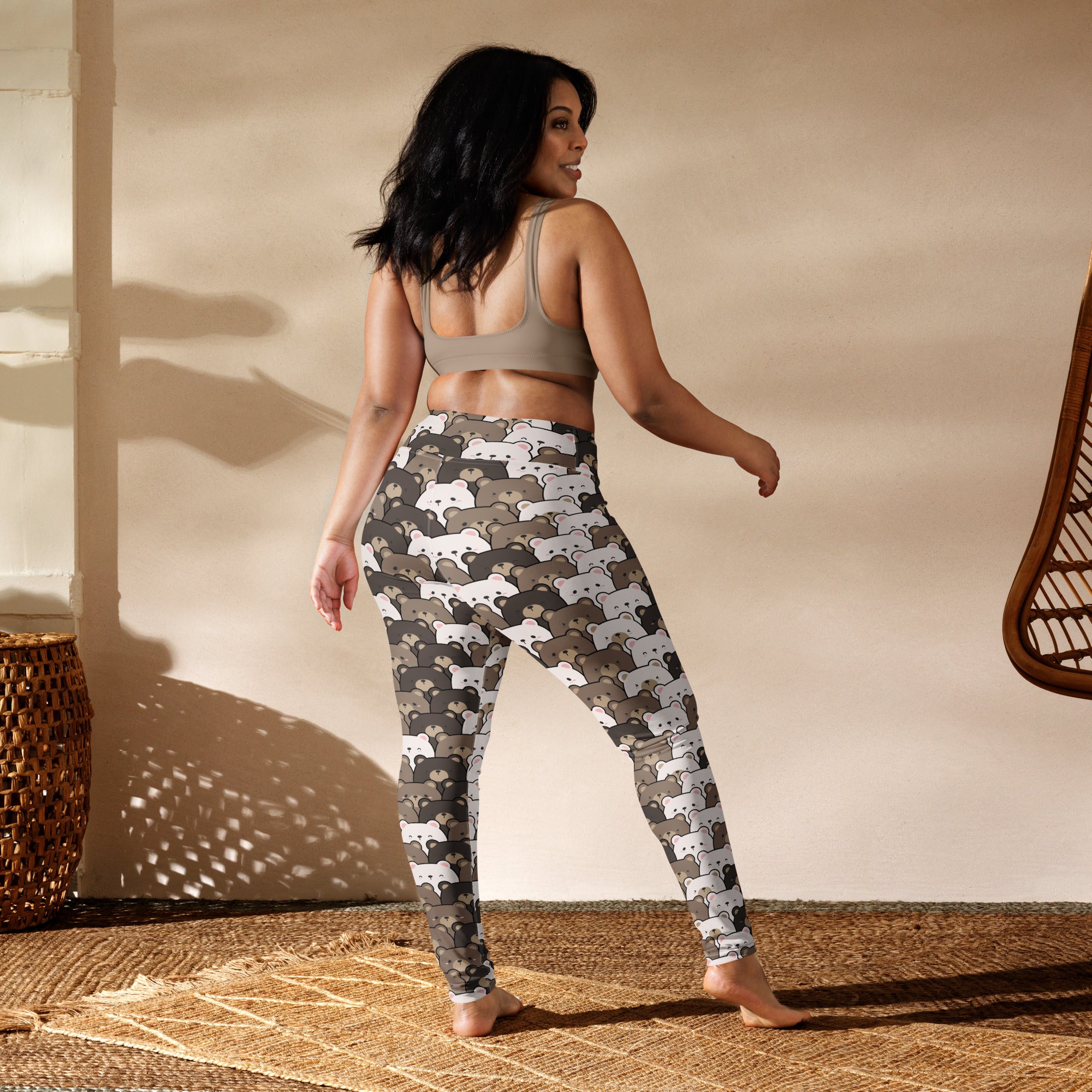 High-waisted buttery soft women’s yoga leggings with white and gray bear pattern on camouflage background
