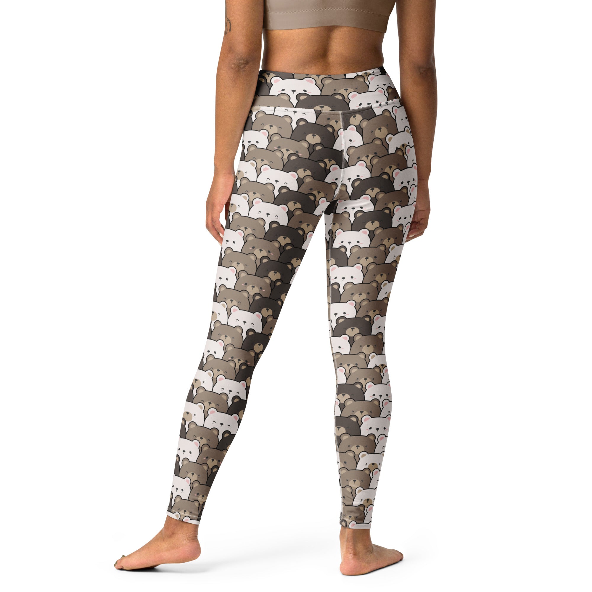 High-waisted women’s bear face buttery soft yoga leggings with a repeating cartoon bear pattern in white gray and brown