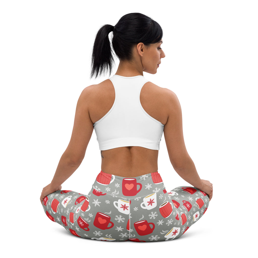 Women’s buttery soft gray yoga leggings with red white coffee mug and snowflake patterns for hot cocoa christmas