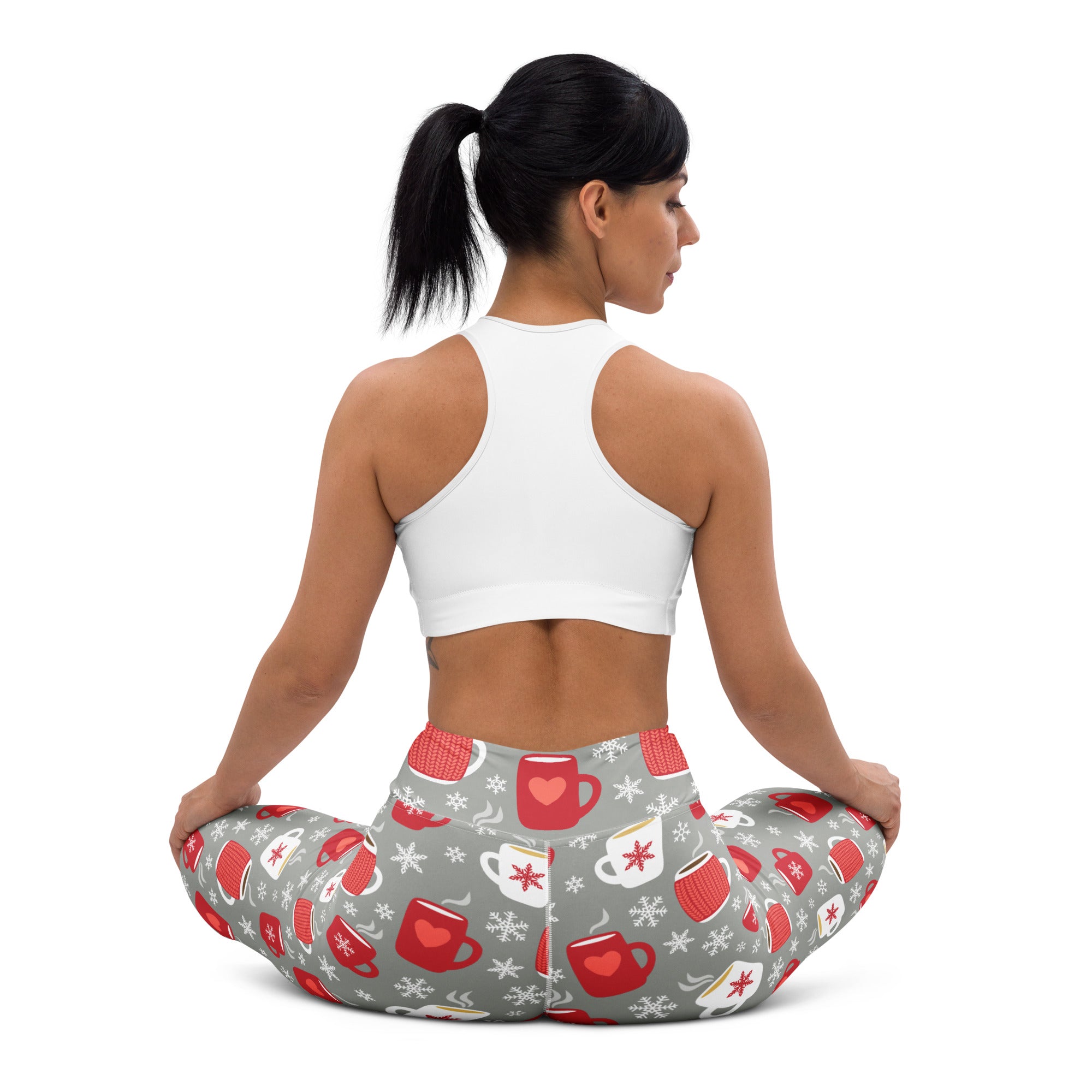 Women’s buttery soft gray yoga leggings with red white coffee mug and snowflake patterns for hot cocoa christmas