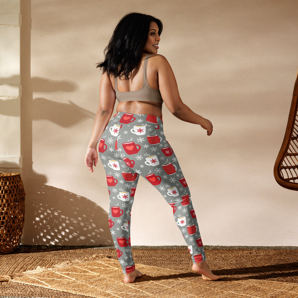 Women’s buttery soft gray yoga leggings with festive red and white coffee mugs and snowflakes for christmas