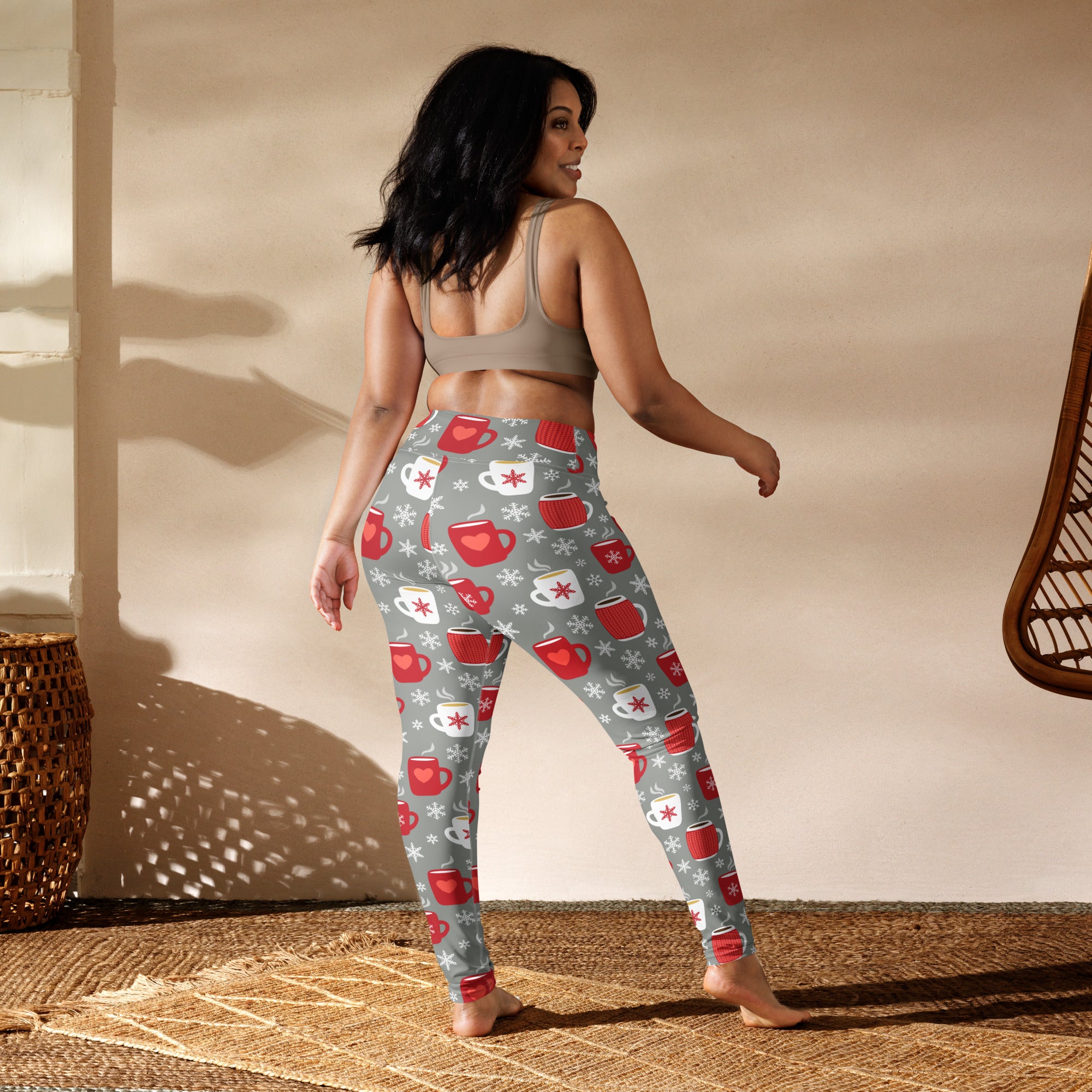 Women’s buttery soft gray yoga leggings with festive red and white coffee mugs and snowflakes for christmas