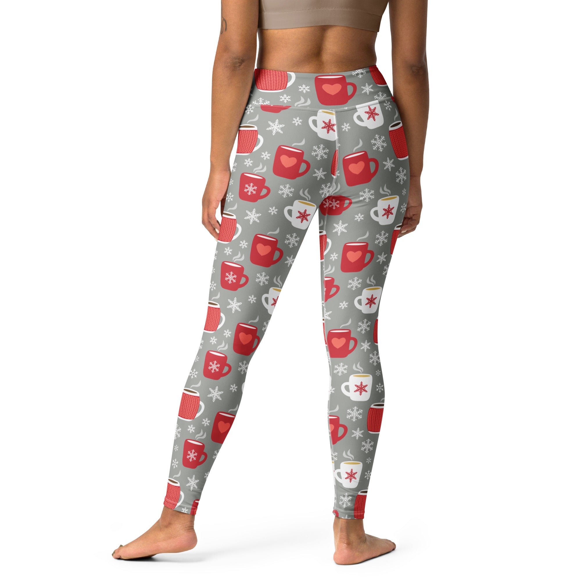 Women’s buttery soft gray yoga leggings with festive red and white hot cocoa mug pattern for christmas wear