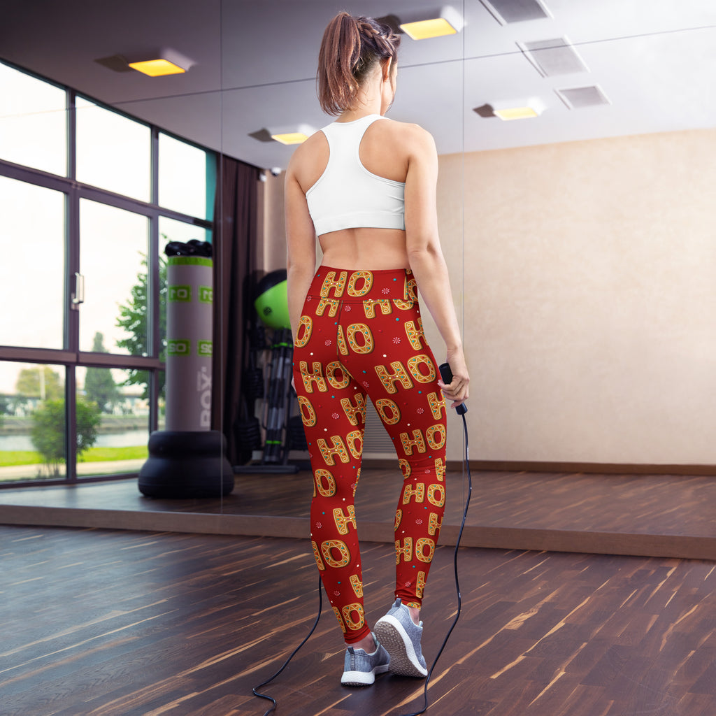 Women’s red gingerbread ho ho ho pattern buttery soft yoga leggings with snug fit for festive workouts
