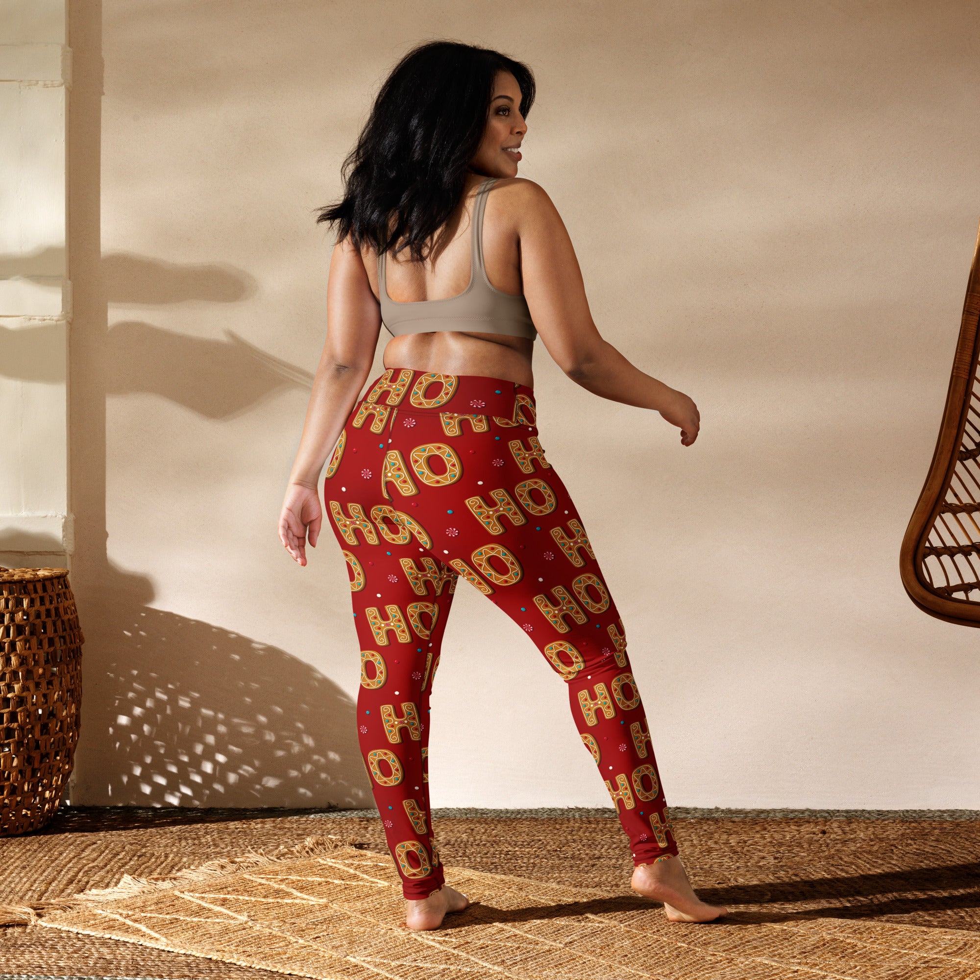 Red high-waisted buttery soft yoga leggings with festive gold and white ho ho pattern for women