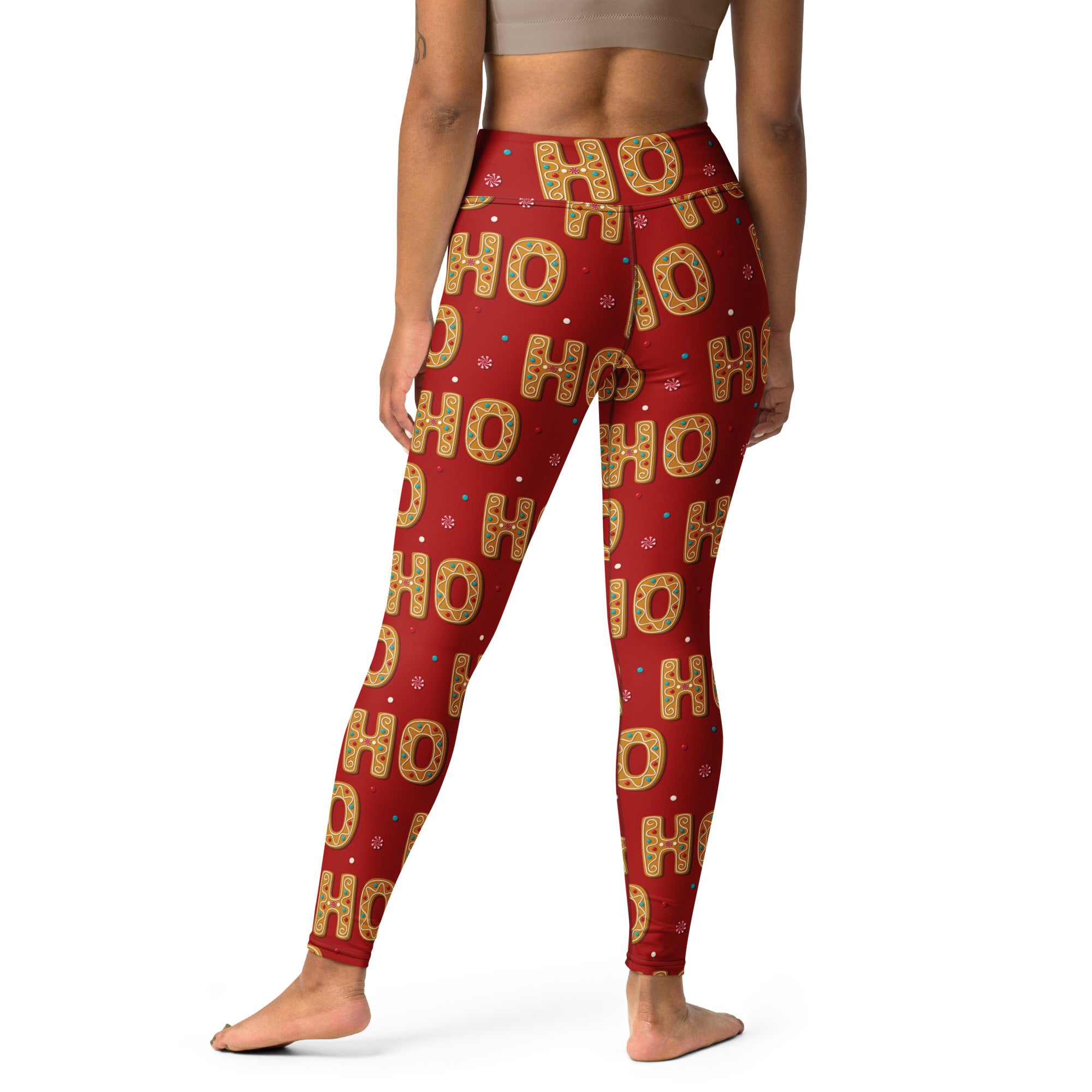 Women’s gingerbread ho ho ho christmas buttery soft yoga leggings red with gold festive ho ho pattern and snowflakes