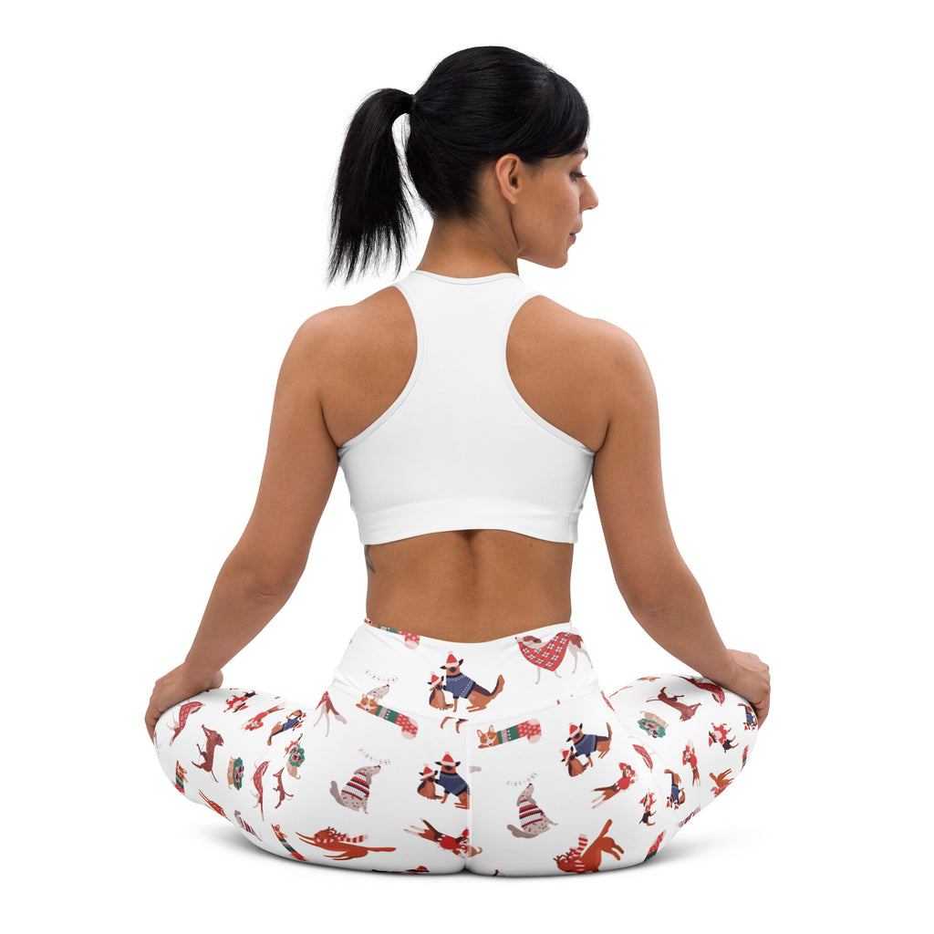 White buttery soft yoga leggings with a festive cartoon dog pattern for women ready for christmas activities