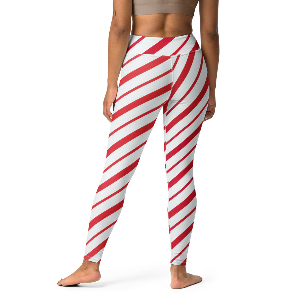 Women’s candy cane stripe buttery soft high-waisted yoga leggings with red and white diagonal stripes