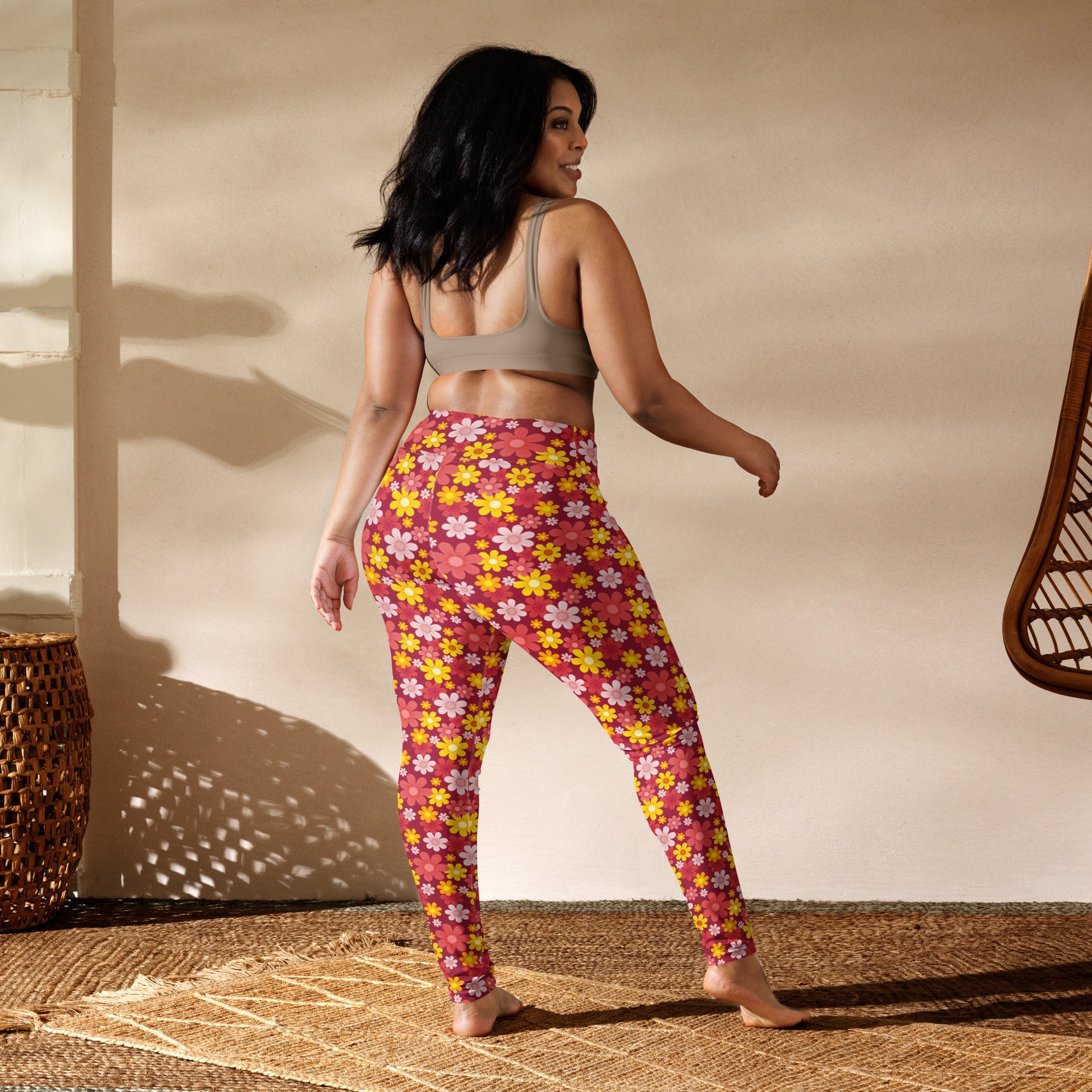 Women’s red floral buttery soft yoga leggings with high waist and colorful pink yellow white blossoms pattern