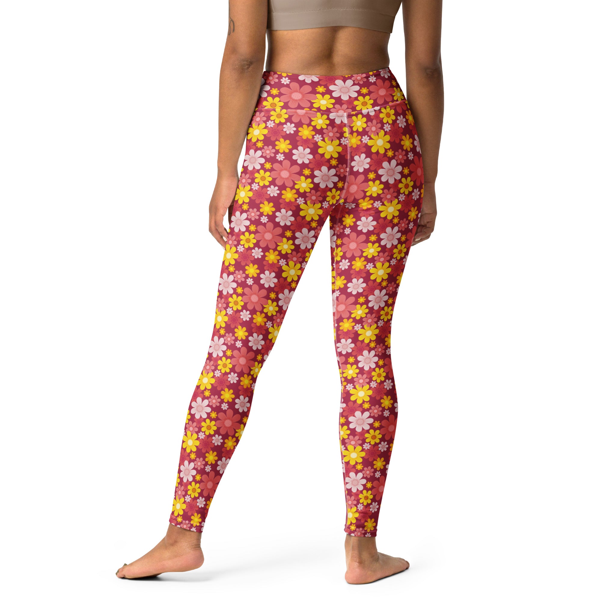 Women’s red floral buttery soft yoga leggings in pink and yellow high-waisted floral pattern