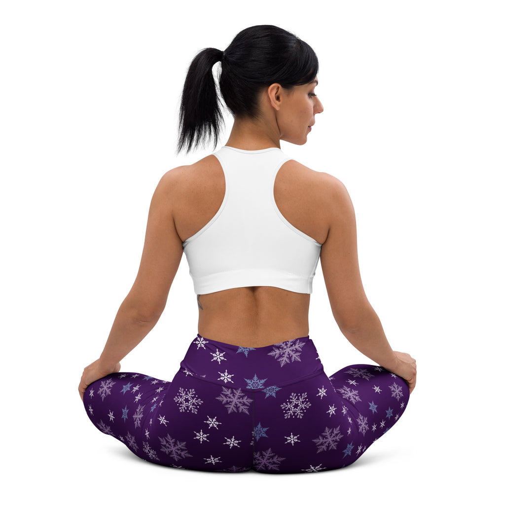 Women’s purple buttery soft yoga leggings with white and light blue snowflake pattern