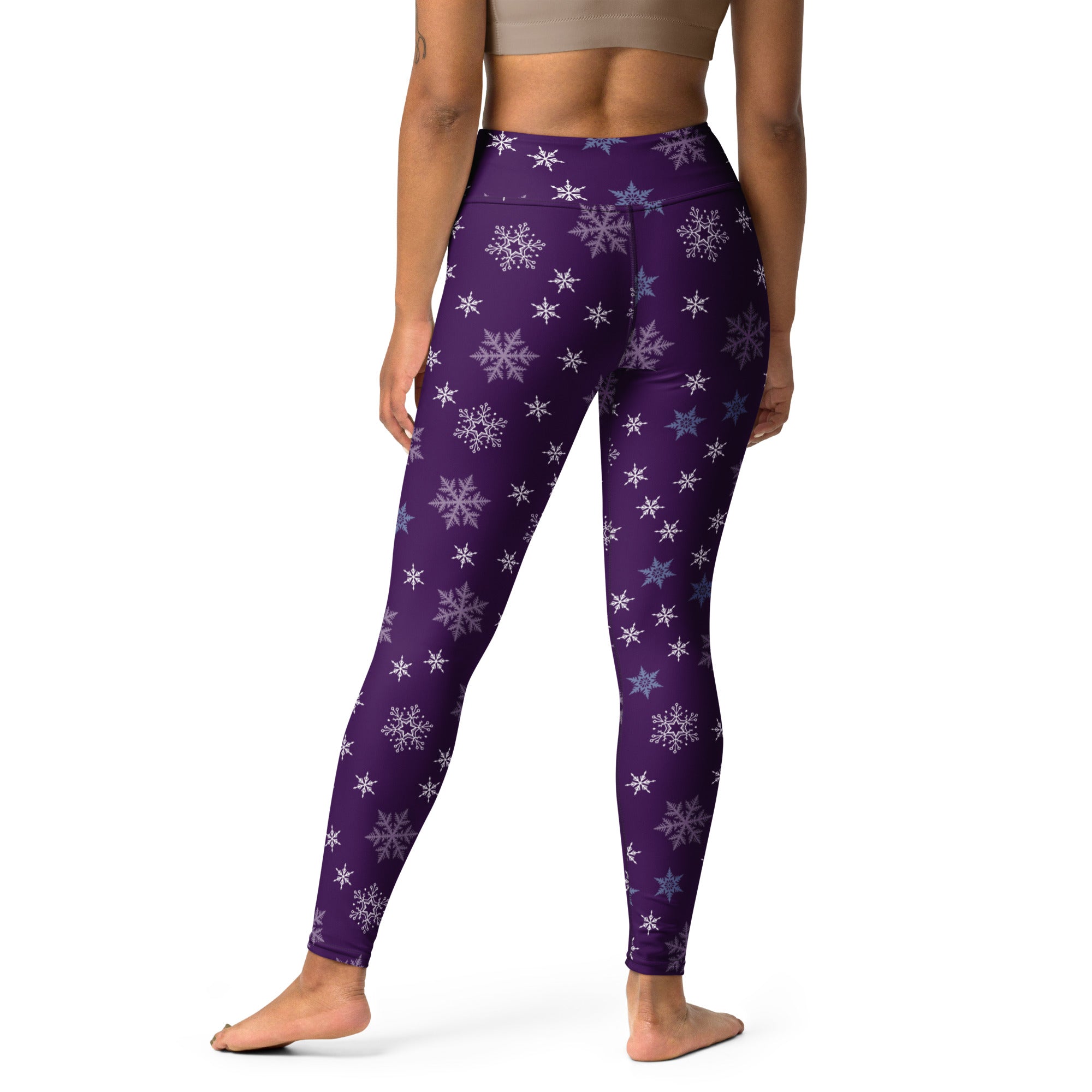 Women’s purple snowflake high-waisted buttery soft yoga leggings designed for comfort and style