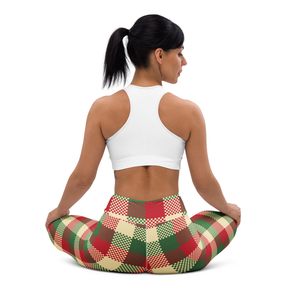 Women’s plaid christmas buttery soft yoga leggings in red green and beige checkered patchwork design