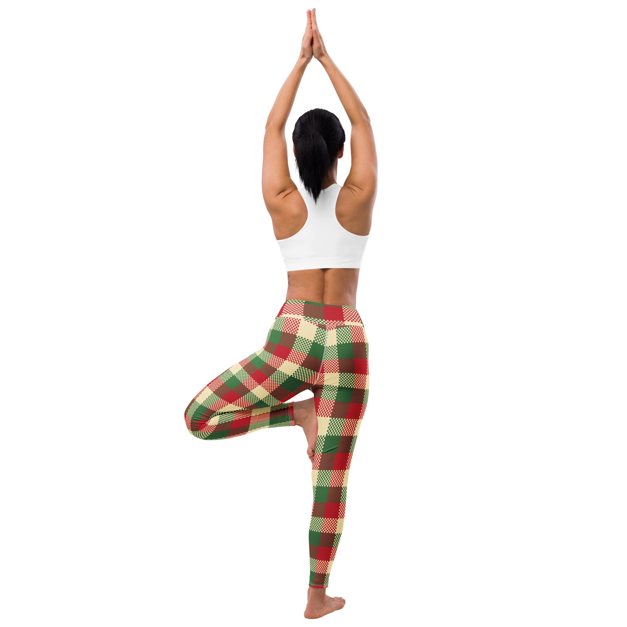 Women’s plaid christmas buttery soft yoga leggings in red green and cream with a comfortable fit