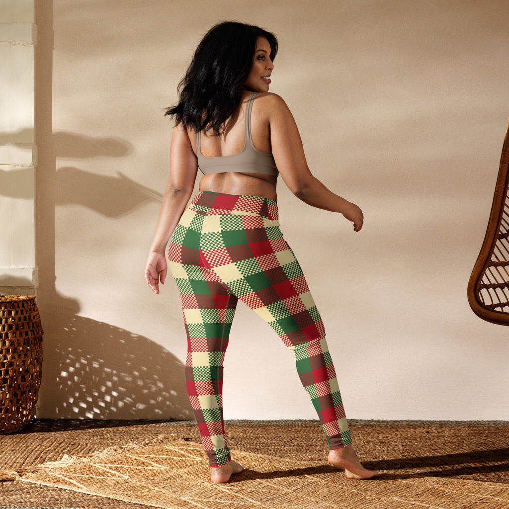 Women’s plaid christmas buttery soft high-waisted yoga leggings with red green and cream pattern