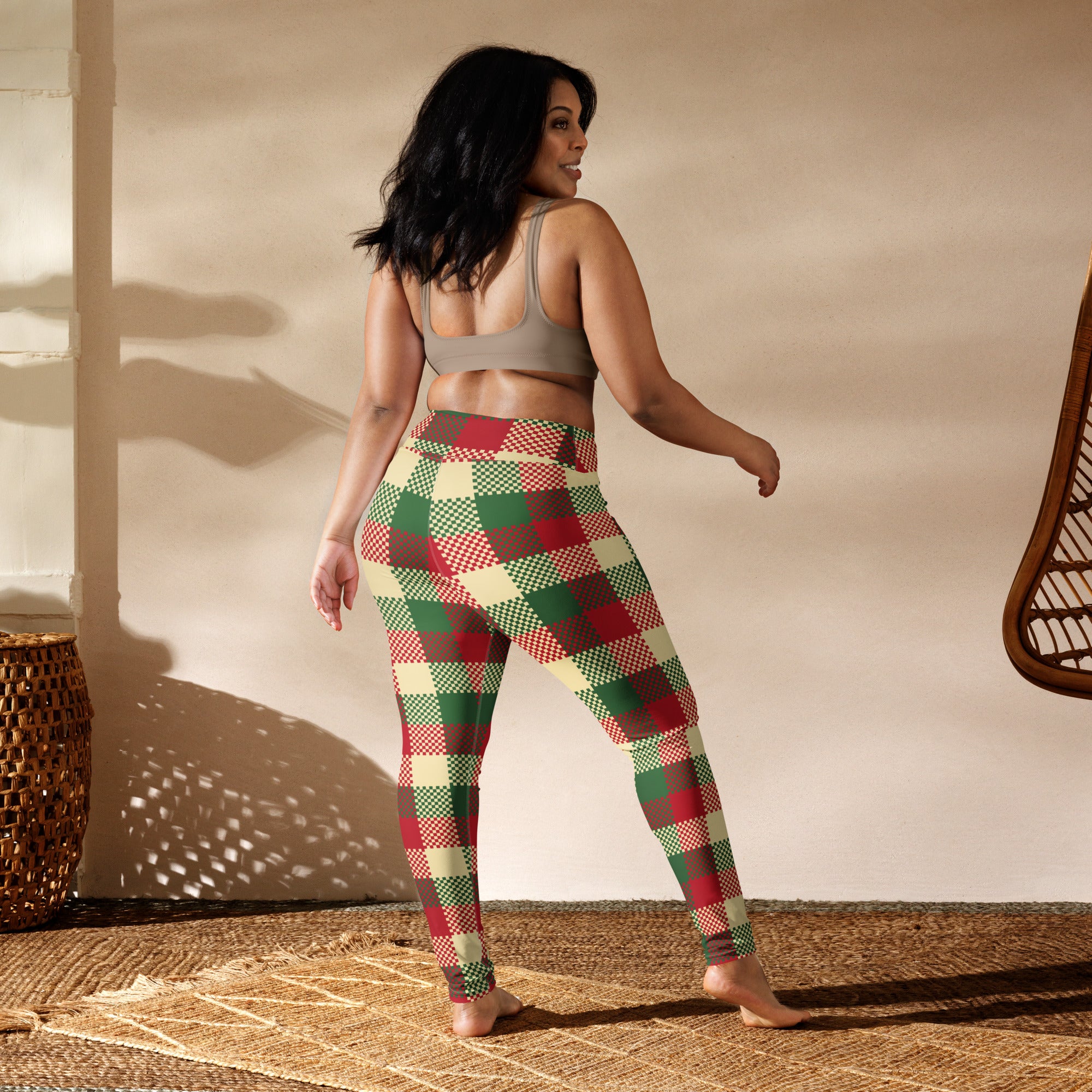 Women’s plaid christmas buttery soft high-waisted yoga leggings with red green and cream pattern