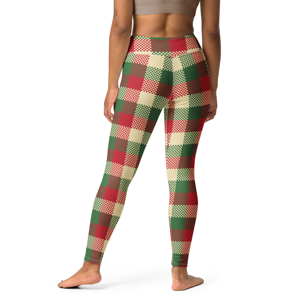 Women’s buttery soft high-waisted leggings with red green and beige plaid checkered pattern for christmas yoga