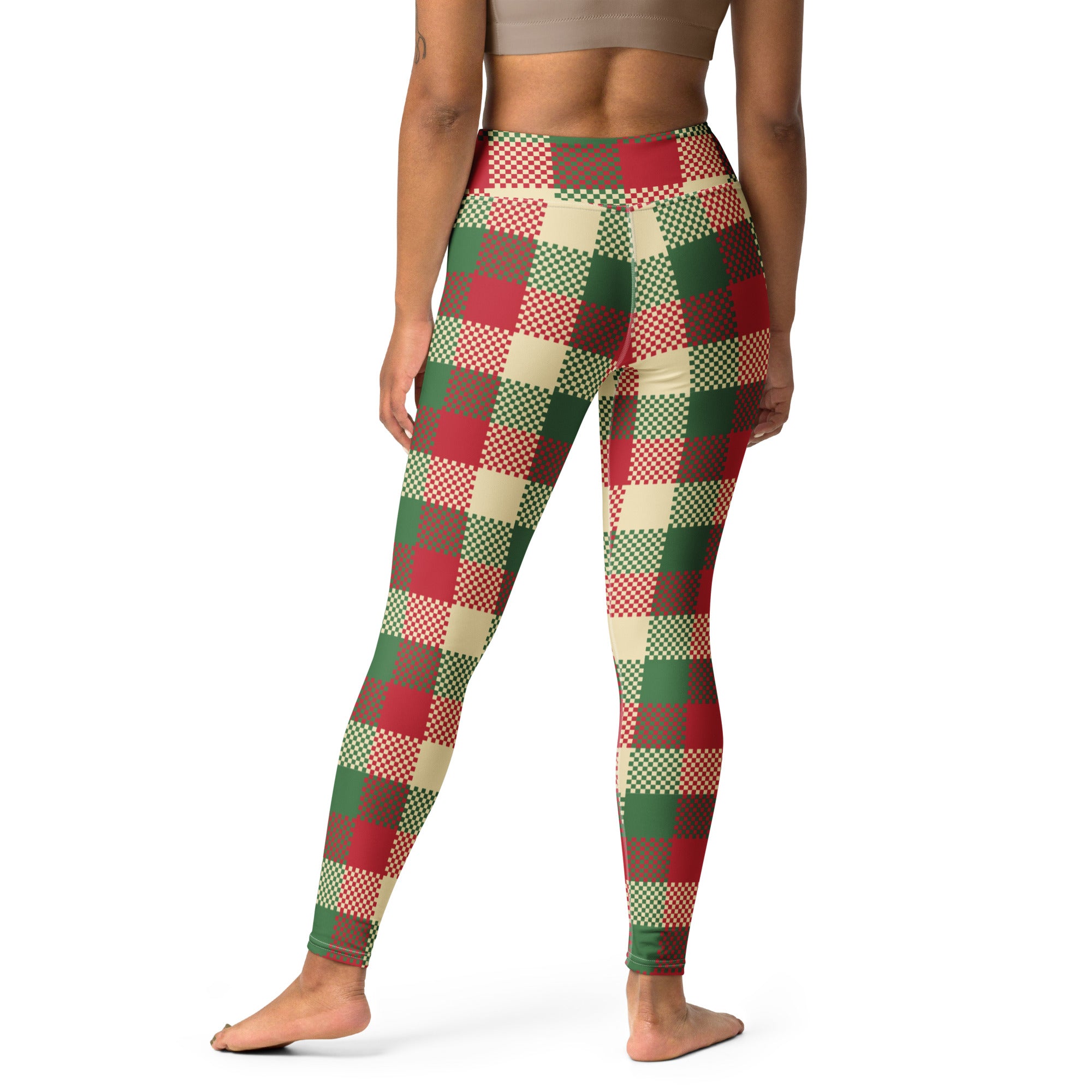 Women’s buttery soft high-waisted leggings with red green and beige plaid checkered pattern for christmas yoga