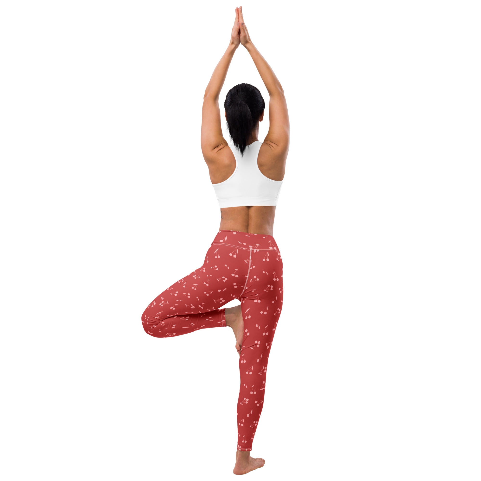 Women’s red cherry print buttery soft high-waisted yoga leggings designed for comfort and flexibility