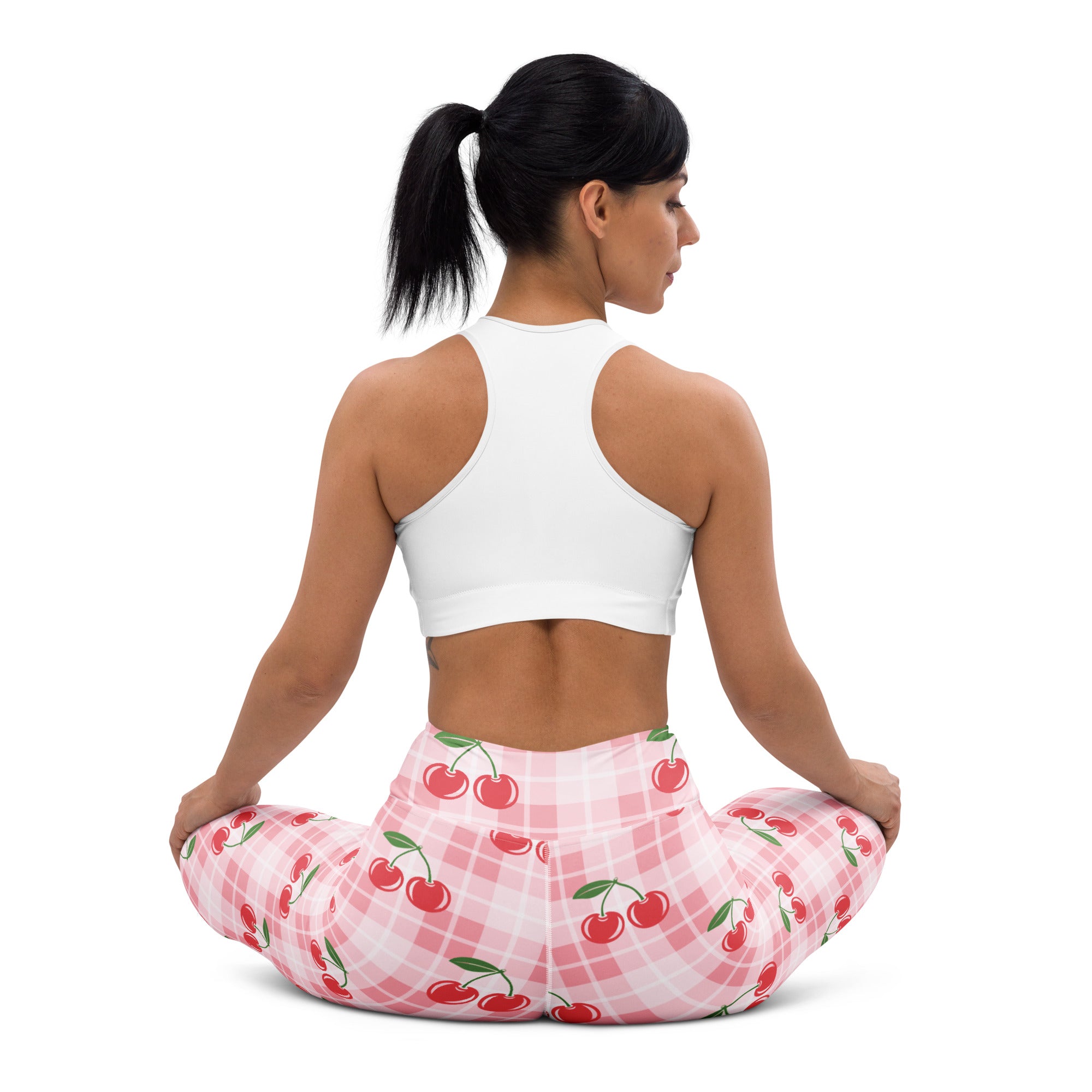 Women’s pink gingham cherry buttery soft yoga leggings featuring pink cherry-print plaid pattern for activewear