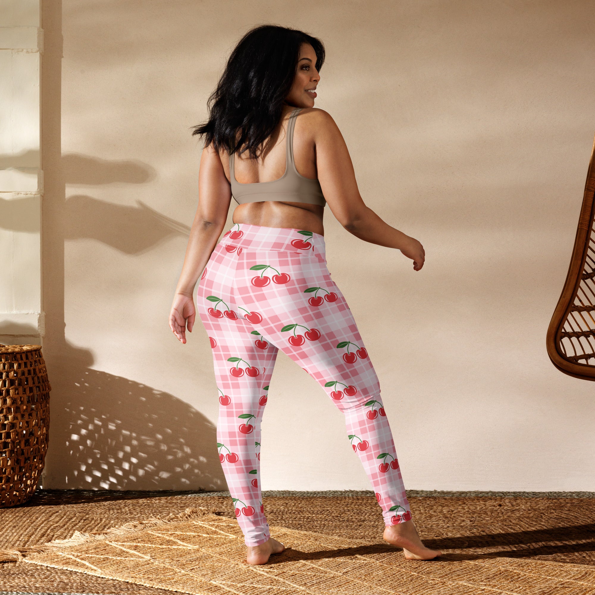 Pink gingham cherry buttery soft high-waisted yoga leggings with white checkered pattern for women