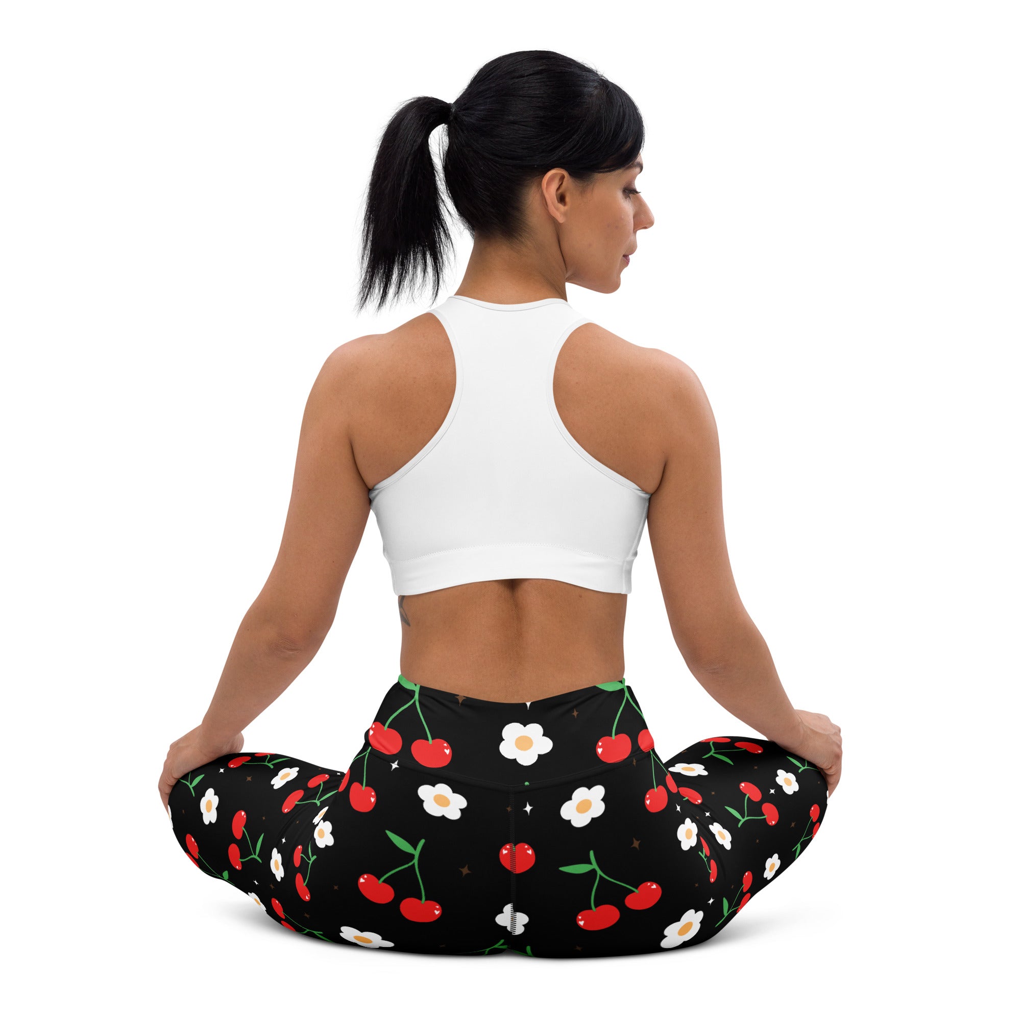 Women’s black cherry blossom buttery soft yoga leggings with playful red cherry and white daisy pattern