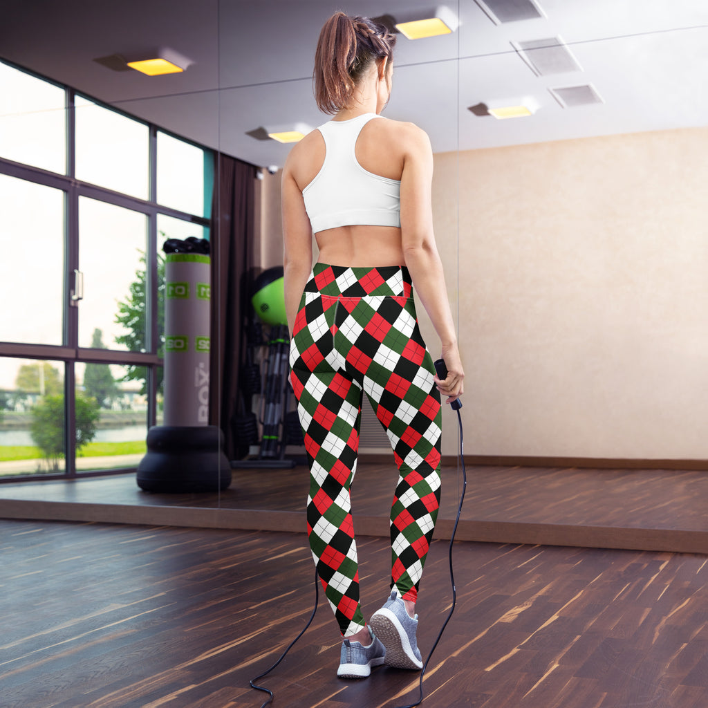 Women’s argyle christmas buttery soft high waisted yoga leggings in red green and white pattern